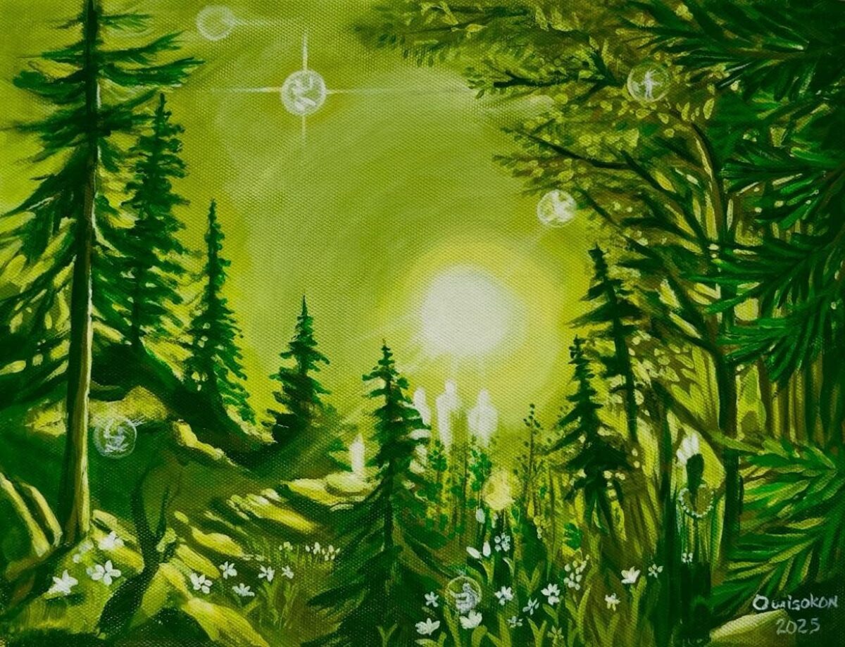 8X10.5-inch painting with different shades of green depicts a figure watching those who have just passed on to the spirit world