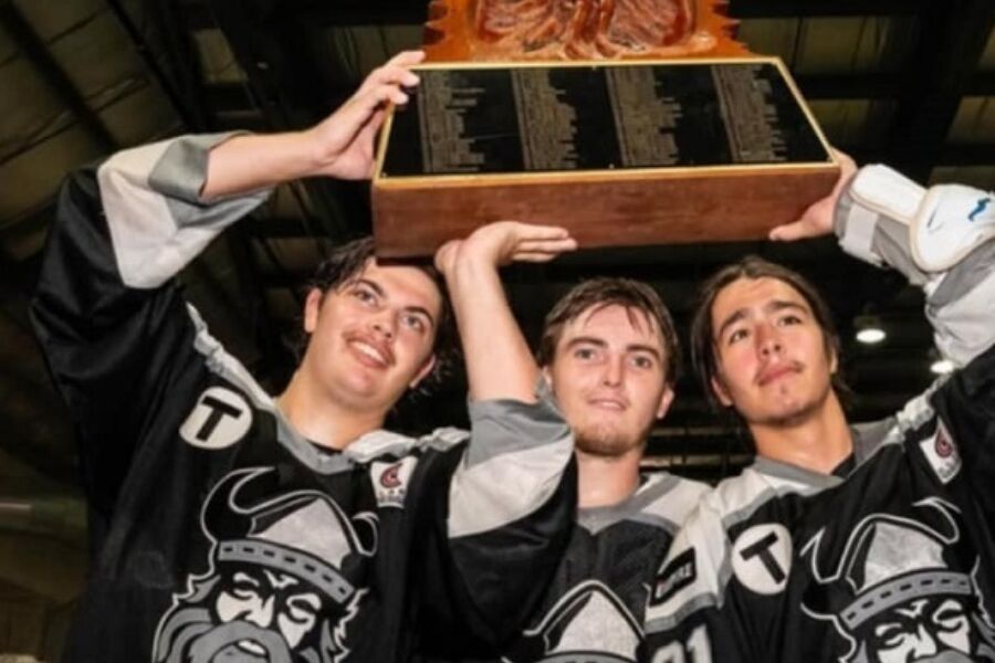 Orangeville Junior A Northmen players posing with the Iroquois Trophy