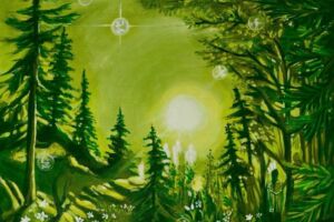 8X10.5-inch painting with different shades of green depicts a figure watching those who have just passed on to the spirit world