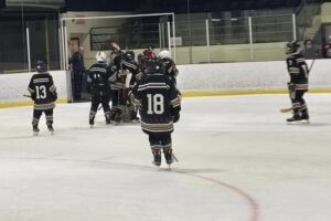 Players skating off the ice after the end of the game
