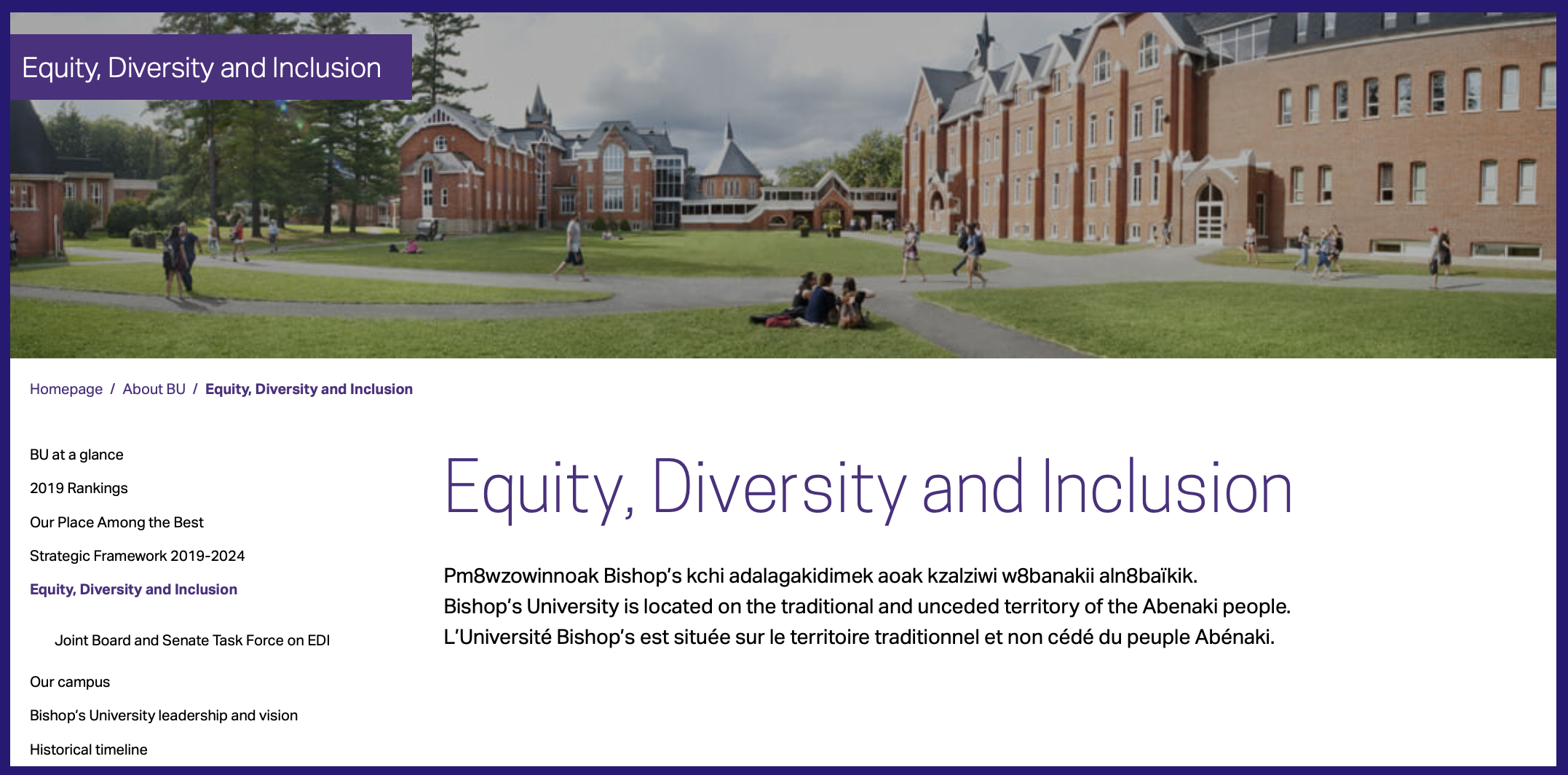 Screenshot of Bishop's University land acknowledgement as it appears on their Equity, Diversity and Inclusion webpage